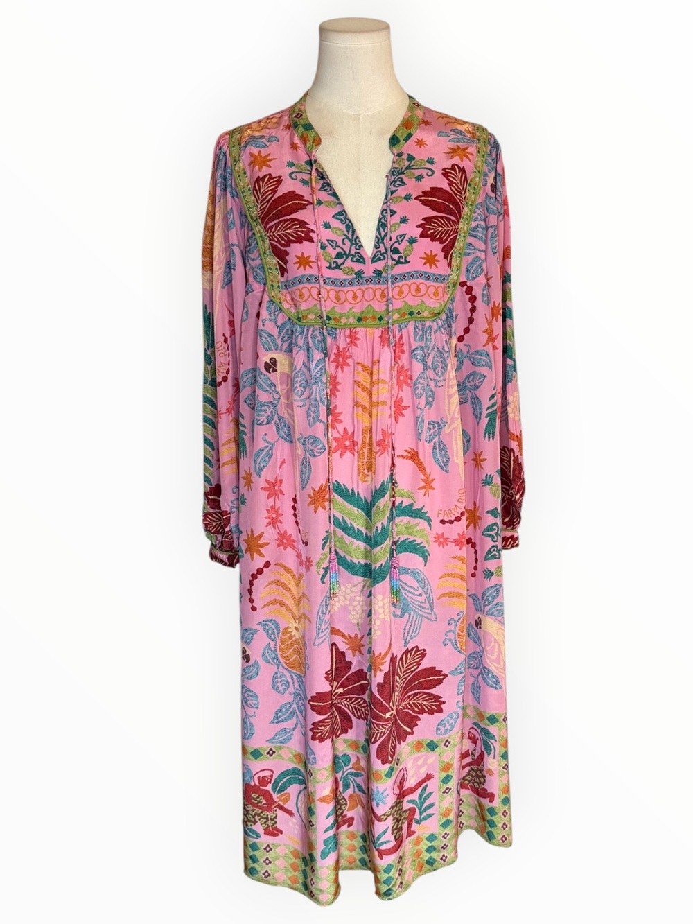 FARM RIO Pink Fruits Queen Scarf Midi
Dress Boho Floral Tropical XL Beaded Flowy - Picture 7 of 15